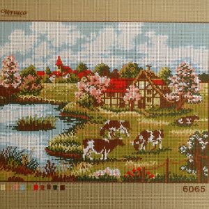 VOORBEDRUKT BORDUURSTRAMIEN , LANDSCHAP MET KOEIEN 6065