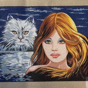 VOORBEDRUKT BORDUURSTRAMIEN, DAME met WITTE POES