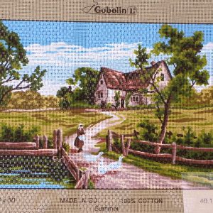 VOORBEDRUKT BORDUURSTRAMIEN , LANDSCHAP met GANZEN 143