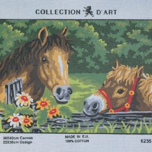 VOORBEDRUKT BORDUURSTRAMIEN , 2 PAARDEN ACHTER HEK 6235