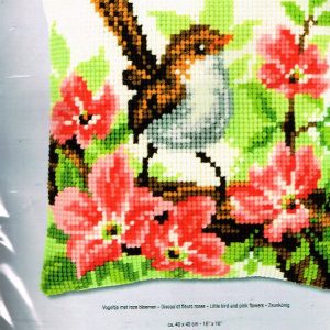 VERVACO BORDUURPAKKET KUSSEN, VOGELTJE MET ROZE BLOEMEN 693