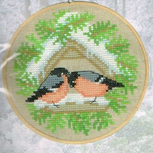 PERMIN BORDUURPAKKET, 2 ROODBORSTJES IN VOGELHUISJE met SNEEUW