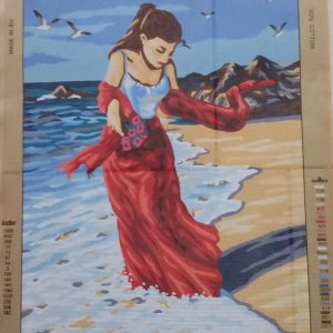 VOORBEDRUKT GROOT BORDUURSTRAMIEN ,DAME OP HET STRAND 565