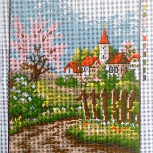 VOORBEDRUKT BORDUURSTRAMIEN, LANDSCHAP met KERK 1921
