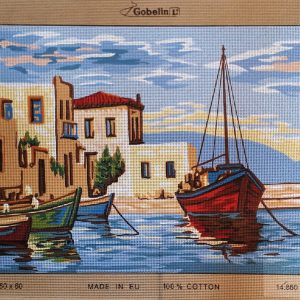 VOORBEDRUKT BORDUURSTRAMIEN, LANDSCHAP met BOTEN 860